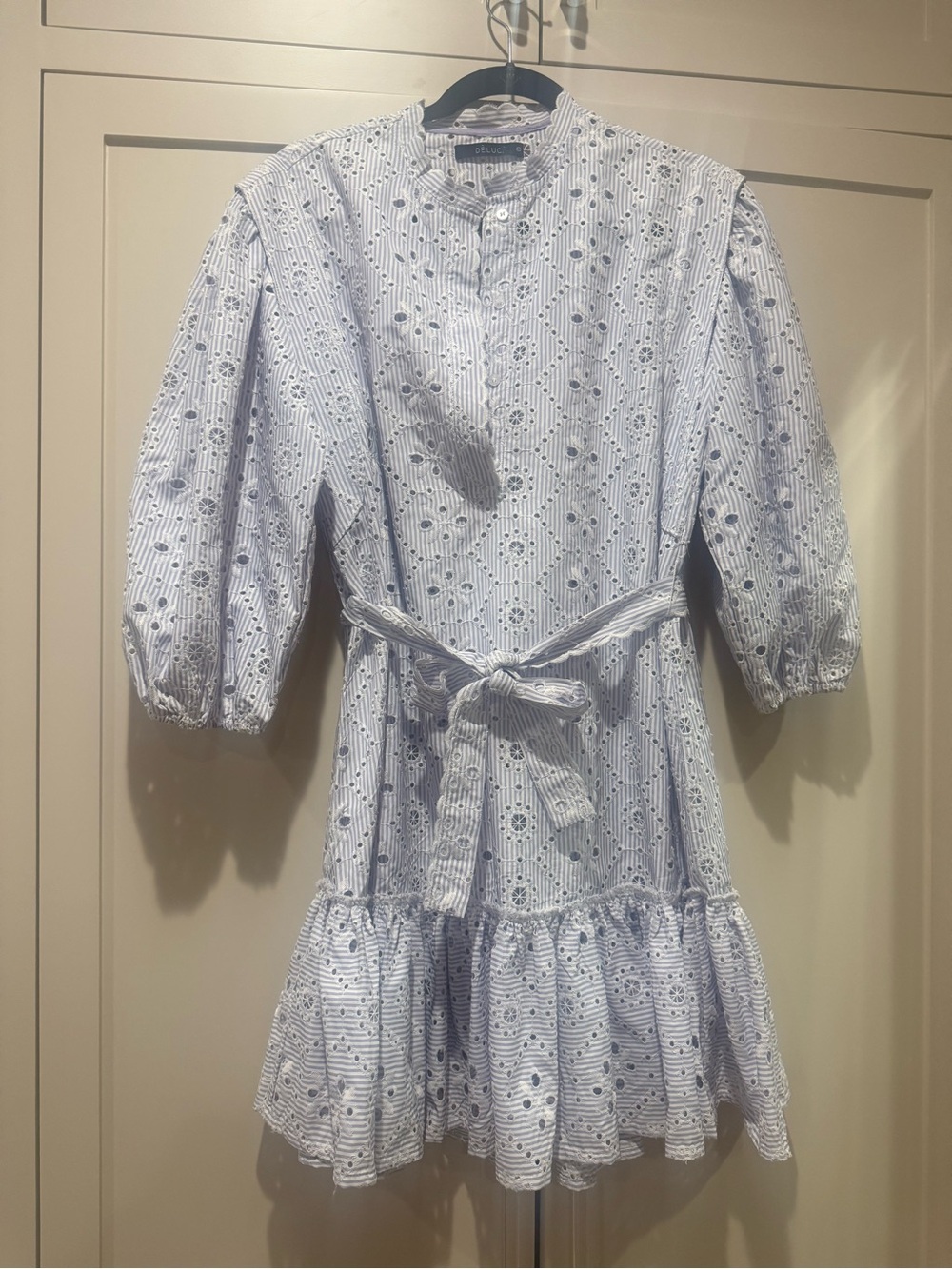 Light Blue Eyelet Puff-Sleeve Tie-Waist Dress